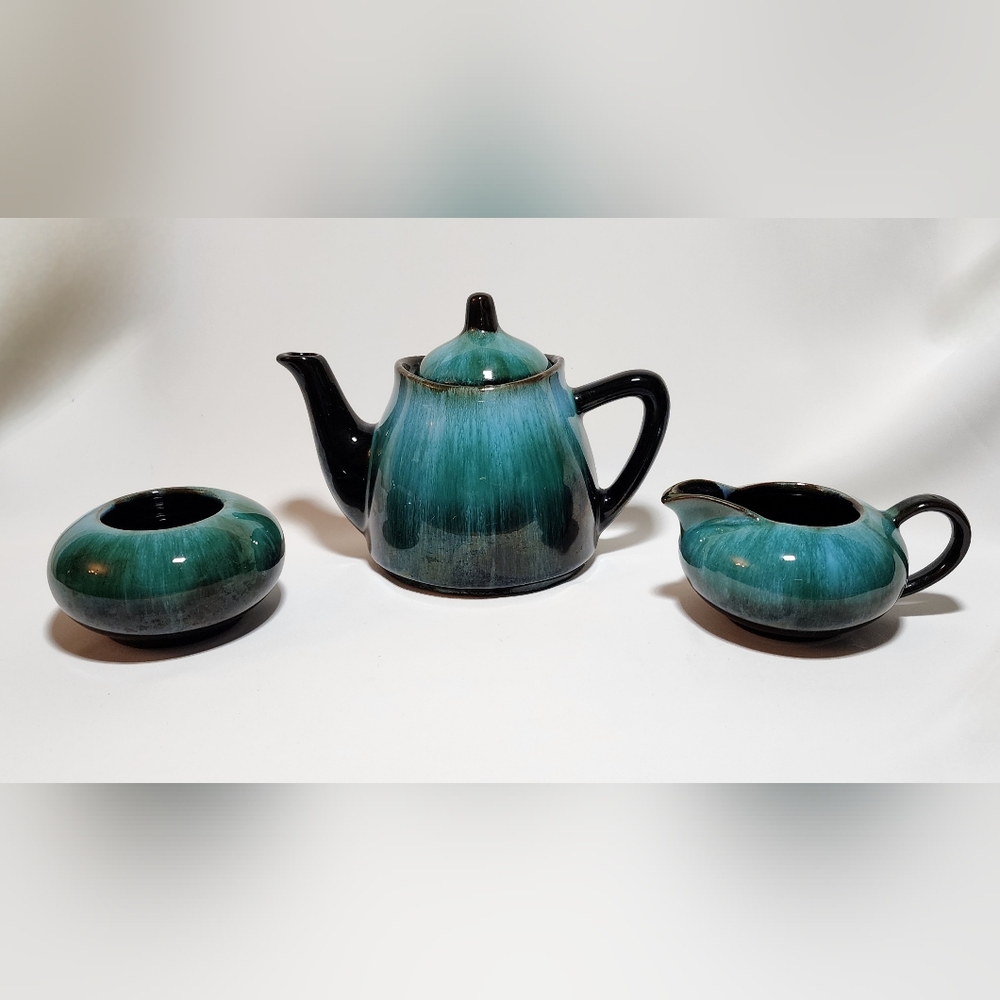 Vintage Blue Mountain Pottery 3-Piece Tea Set – Green & Black Drip Glaze 60s-70s
